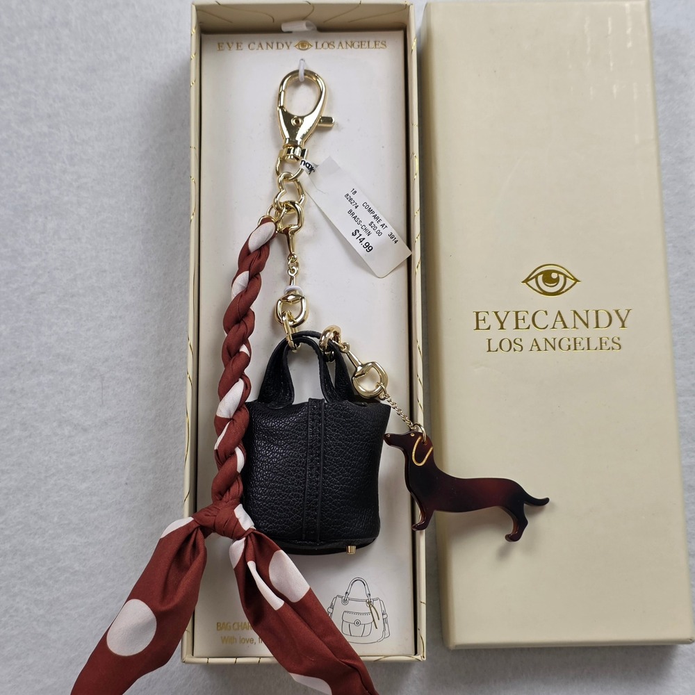 Eye Candy Los Angeles Bag Charm Dachshund Dog Mini Tote Polka Dot Scarf NIB